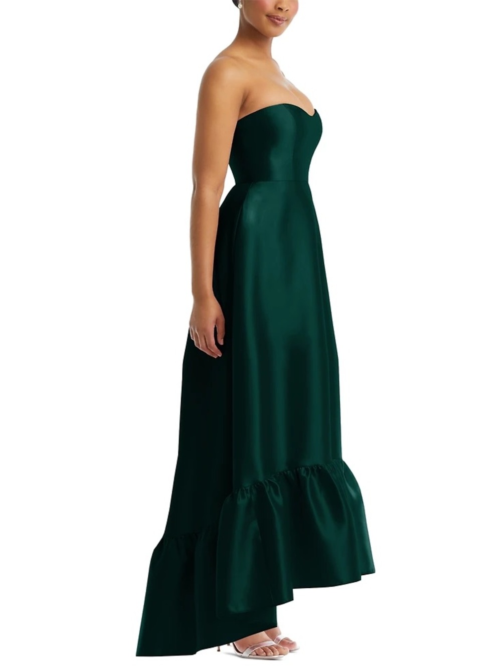 ALFRED SUNG Strapless Emerald Satin High-Low Gown